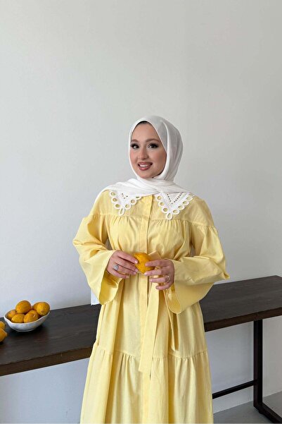 Rimel Moda Yakası Güpürlü Elbise Sarı