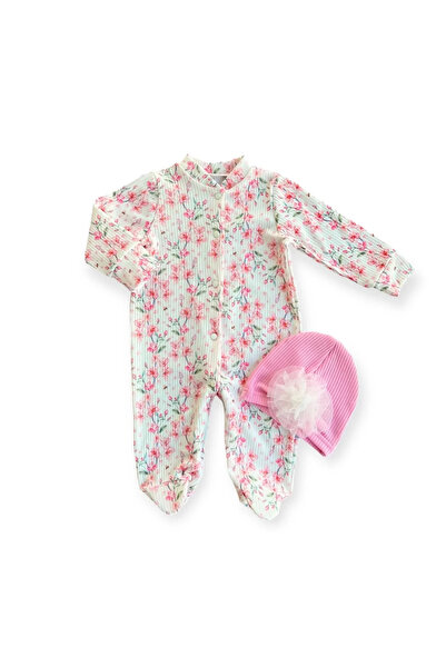 Tıfıl Libas 0-3-6-9 Months Floral Printed Full Length Snap-On Booties and Rose Bonnet Baby Girl Romper