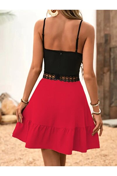 novafems Women's Rope Strap Double Breasted Collar Waist Lace Imported Crepe Dress