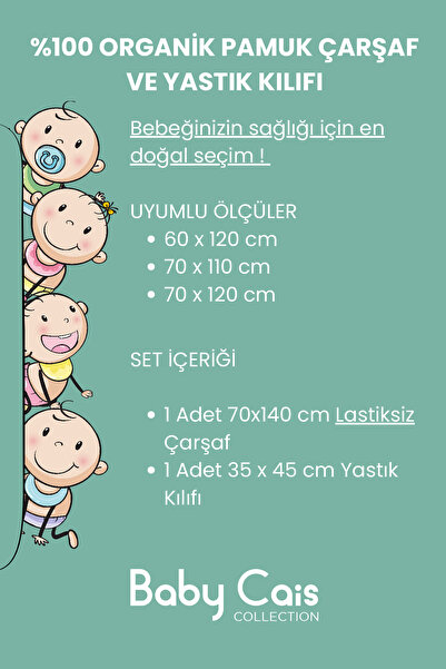 Baby Cais Collection %100 Organik Müslin Bebek Çarşaf & Yastık Seti – 70x140 cm Çarşaf, 35x45 cm Yastık Kılıfı