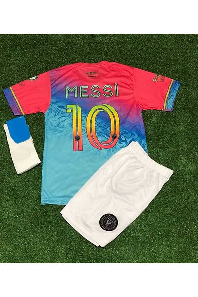 Lion Spor Set de 3 tricouri de fotbal pentru copii Inter Miami, personalizate, Lionel Messi (PORTOBALEC ALBASTRU)