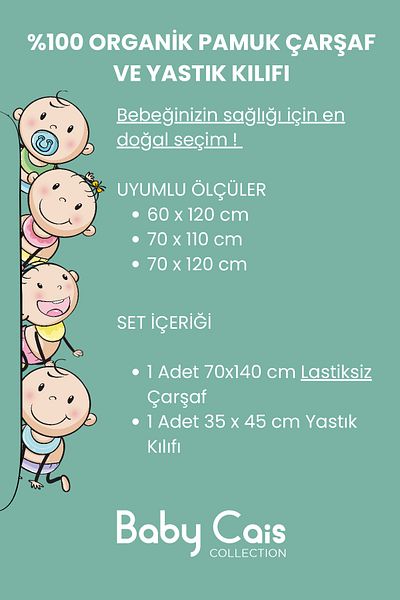 Baby Cais Collection 100% Organic Muslin Baby Sheet & Pillow Set – 70X140 cm Sheet, 35X45 cm Pillowcase