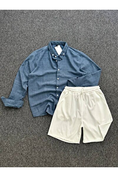 tetramoda Crinkle Linen Regular Fit Shirt and Ottoman Shorts Set of 2