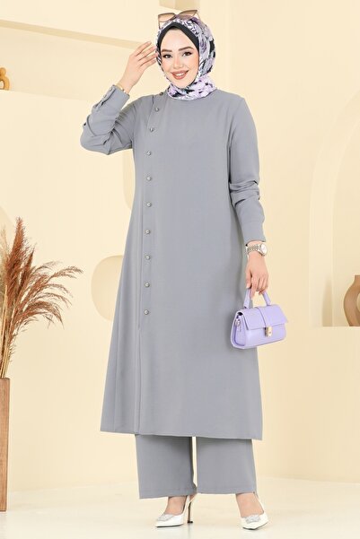 ModaMerve Aksesuar Düğmeli İkili Takım PL9136-MS Gri