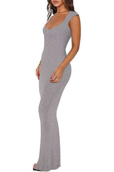 REORIA Rochie lungă elegantă, cu decolteu în V, mâneci scurte, model casual, rochie maxi cu model striat