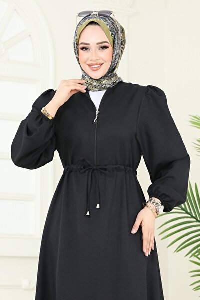 ModaMerve Beli Bağcıklı Tesettür Elbise 3050KTR750-MS Siyah