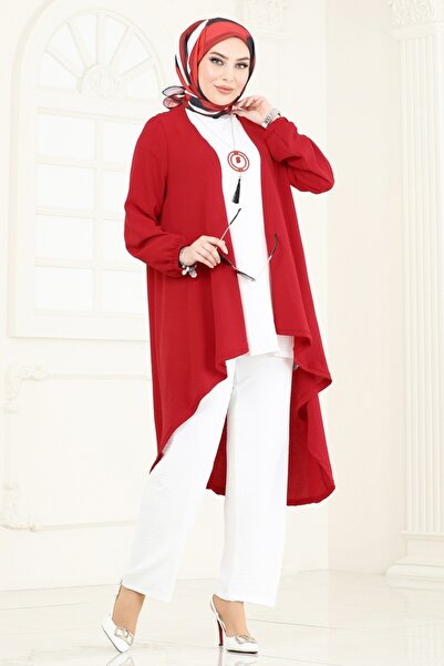 ModaMerve Kolyeli Üçlü Aerobin Takım PL8058-MS Kırmızı&Ekru