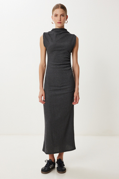 Lovelyİstanbul Πλεκτό φόρεμα Midi Crinkle Gathered LUB0209 ANTHRACITE