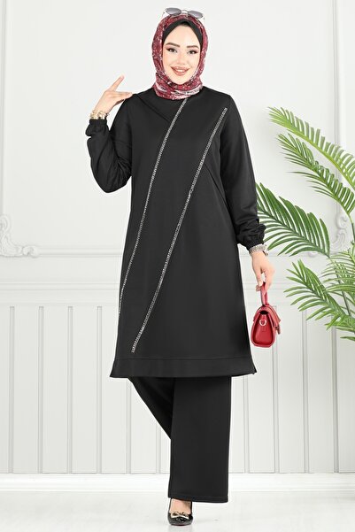 ModaMerve Önü Taşlı Tesettür Takım 427DVL817-MS Siyah
