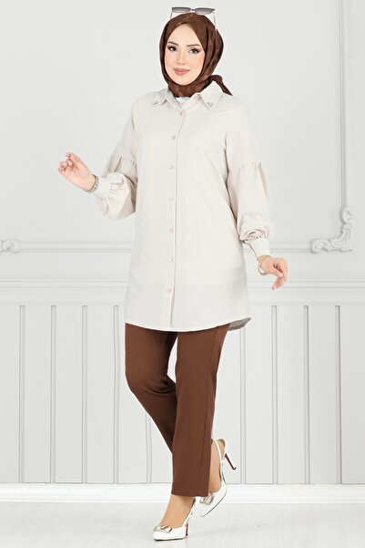 ModaMerve Yakası Taşlı Çizgili Gömlek 3093HBS856-MS Vizyon