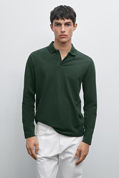Massimo Dutti Uzun kollu merserize pamuklu dokulu polo yaka t-shirt