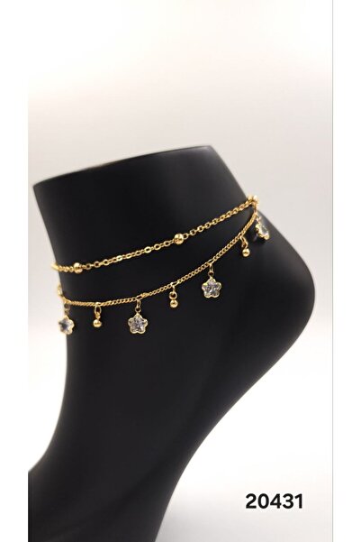 stainles steel Zarif ve Işıltılı Halhal Altın Renk, Çiçek Figürlü, Çift Katmanlı Tasarım