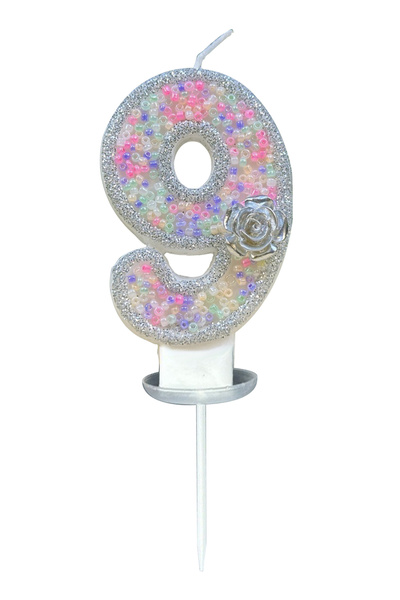 L&Wen شموع كعكة زهرة فضية بيضاء رقم 9 مقاس 7 سم، شمعة رقم من الخرز الملون