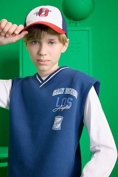 DeFacto Boy's V-Neck Printed School Sweater