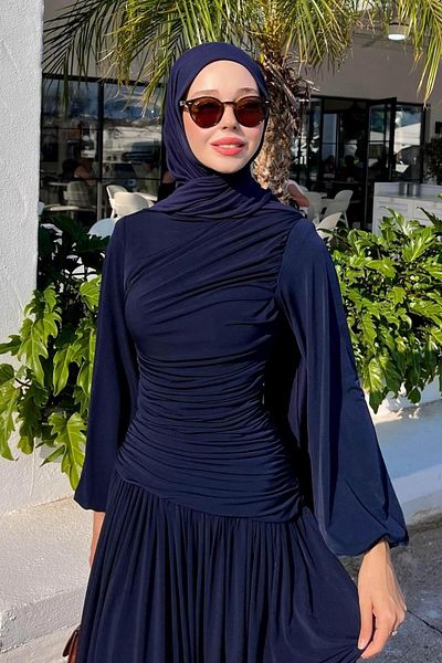 BİNAAR Drape Detailed Sandy Dress Navy Blue