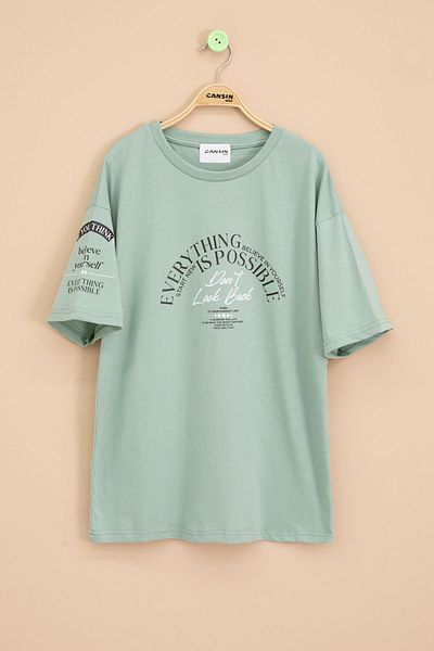Cansın Mini Πράσινη λαβή με λεπτομέρεια γραφής Crew Neck Boy T-Shirt 20901
