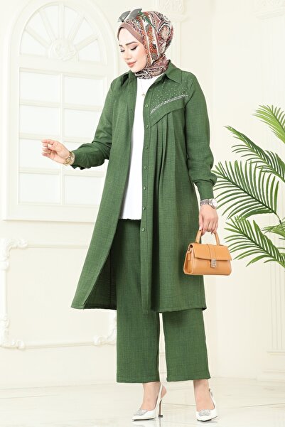 ModaMerve Taş Detaylı Sofia Takım 3128HBS856-MS Yeşil
