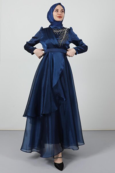 GİYZAMİLA Βραδινό φόρεμα Stoned Organza Navy Blue
