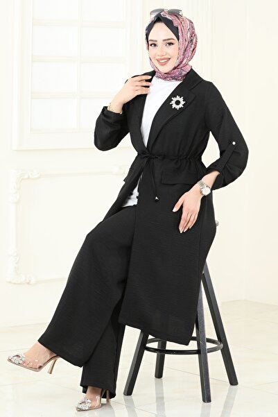 ModaMerve Kruvaze Yaka Tesettür Takım 2584MP806-MS Siyah