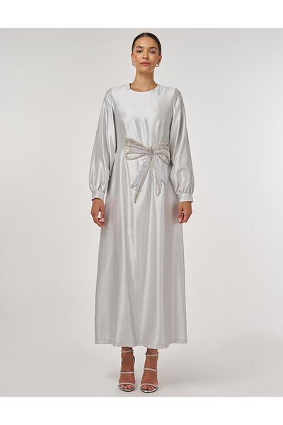 Kayra Beaded Satin Dress Gray