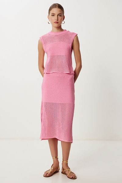 Lovelyİstanbul Openwork Summer Knitwear Blouse Skirt Set Lyy0119 Pink