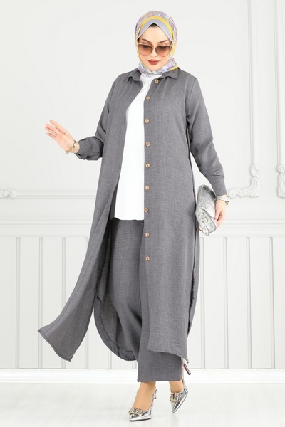 ModaMerve Slit Button Suit 833Ozn1046-Ms Anthracite