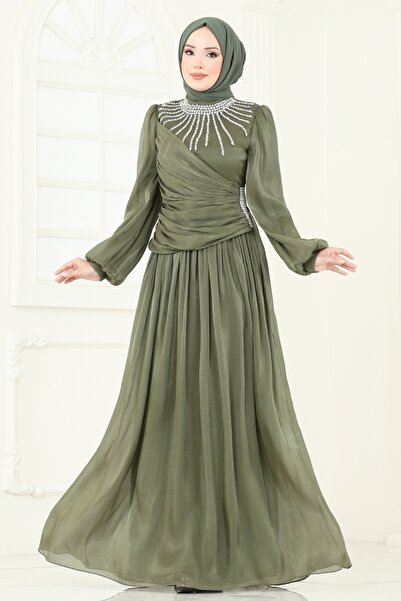ModaMerve SUAL Önü Taşlı Organze Abiye 6238LPN858-MS Haki