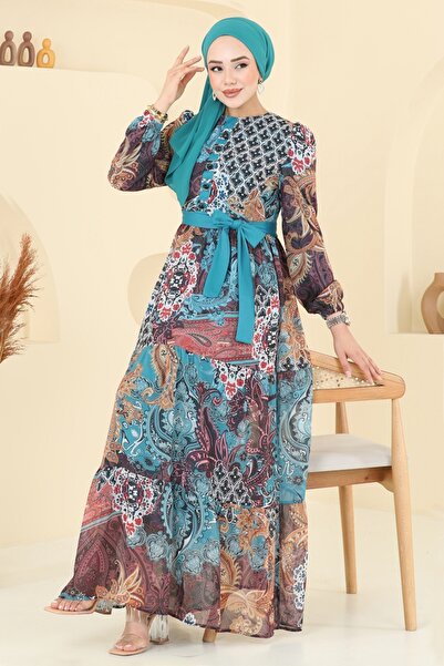 ModaMerve Etnik Desen Şifon Elbise 5297AL357-MS Petrol