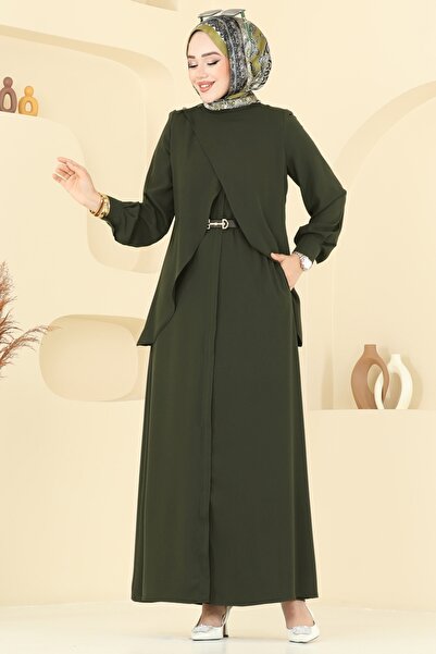 ModaMerve Asimetrik Kesim Elbise Ferace 112OZT1013-MS Haki