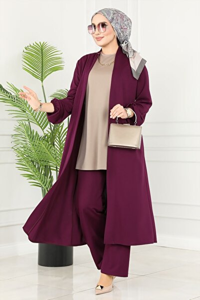 ModaMerve Salaş Üçlü Tesettür Takım 2649ASMK1074-MS Mürdüm&Vizyon