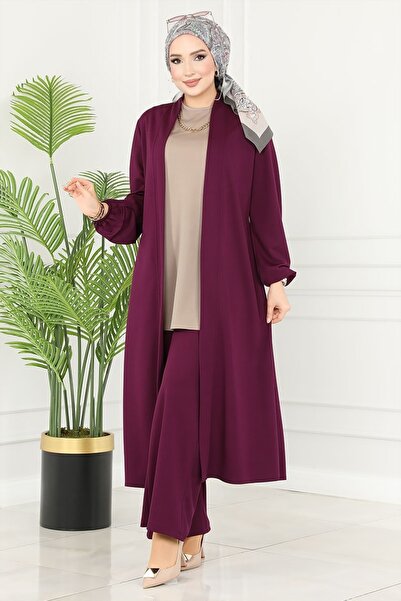ModaMerve Salaş Üçlü Tesettür Takım 2649ASMK1074-MS Mürdüm&Vizyon
