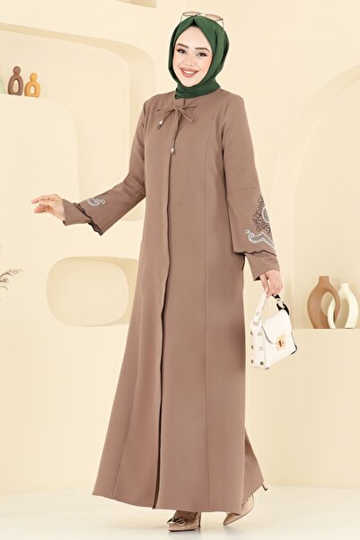 ModaMerve Kolları Nakışlı Pardesü Ferace 23013UKB139-MS Koyu Vizyon