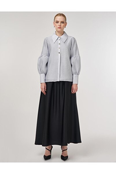 Kayra Parlak Düğmeli Şık Bluz Mavi