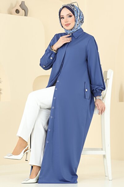 ModaMerve Gizli Düğmeli Tesettür Ferace 394DVL817-MS İndigo