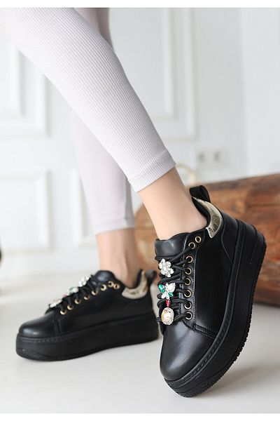 Skygo Tenya Black Leather Stoned Lace-Up Sports Shoes