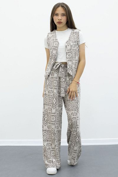 Cansın Mini Coffee Patterned Buttoned Vest Wide Leg Belted Trousers Girls' 2 Piece Set 21012