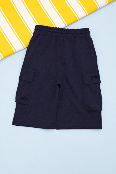 Cansın Mini Koyu Lacivert Cebi Yazı Baskılı Beli Lastikli Erkek Çocuk Şort 21171
