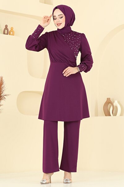 ModaMerve Pearl Detail Hijab Suit Asm2809-Ms Purple