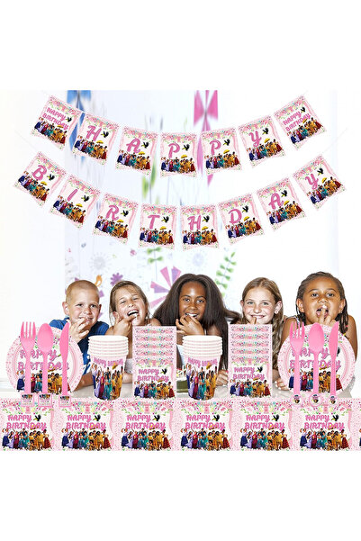 Cmdxbd Set de tacâmuri pentru petrecere, hârtie, roz, animat, pentru 10 persoane, 72 de piese