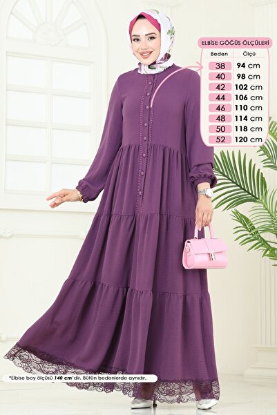 ModaMerve Güpür Detay Aerobin Elbise 380DVL817-MS Koyu Lila