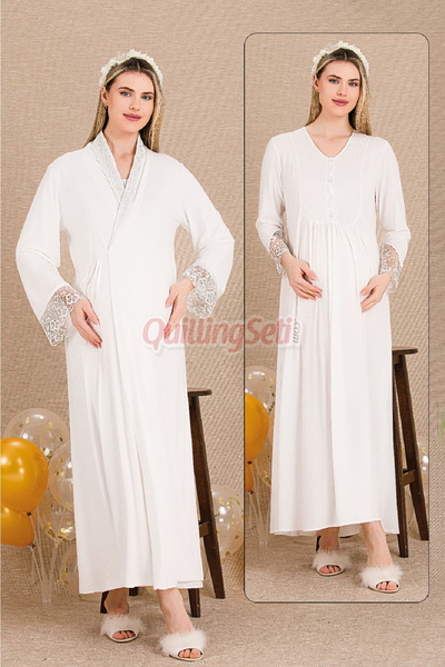 quilling Ekru Renk Dantel Detaylı 33503 Sabahlıklı 2li Hamile Gecelik Takım Set