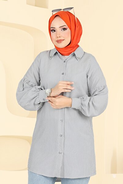 ModaMerve Yakası Taşlı Çizgili Gömlek 3093HBS856-MS Siyah