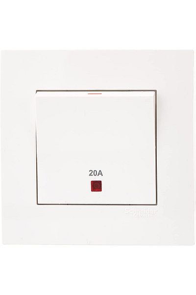 Schneider Electric KB31D20NER Vivace White - 20A 250V 1 Gang Double Pole Switch with Neon and Earth/