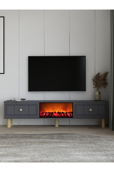 DEMONTE DECOR Dariodd Şömineli (A) Bohem Tv Sehpası Antrasit-Antrasit