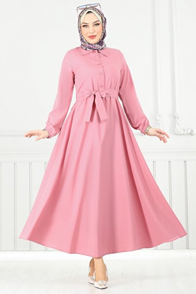 ModaMerve Yarım Düğmeli Terikoton Elbise 333MSA980-MS Gül Kurusu