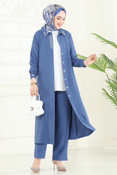 ModaMerve Yakası Taşlı Aerobin Takım PL9144-MS İndigo