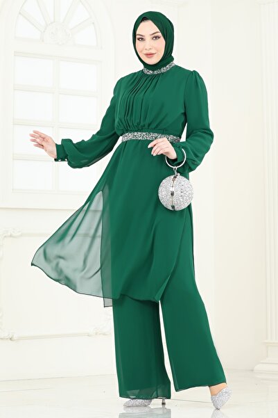ModaMerve Kemeri Taşlı Şifon Abiye Takım 4272AB368-MS Zümrüt