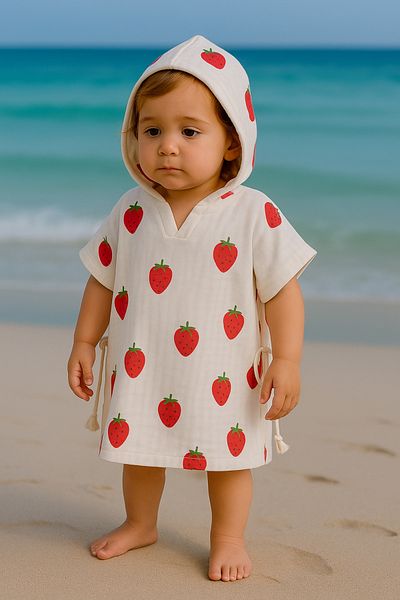 enes baby Double Layer Muslin Red Strawberry Sea Pool Poncho