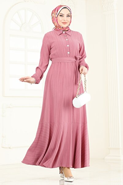 ModaMerve Eteği Fırfırlı Kemerli Elbise 2065PM271-MS Gül Kurusu