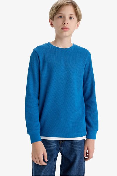 DeFacto Boy's Crew Neck Basic Plain Waffle Long Sleeve School T-Shirt V1186A625Au